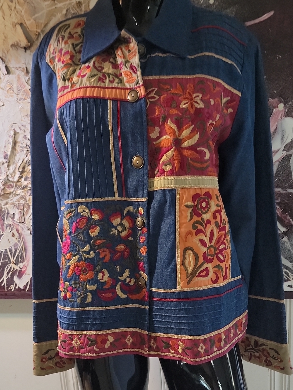 Coldwater Creek Blue Denim Patchwork Jacket with Multicolor Embroidery